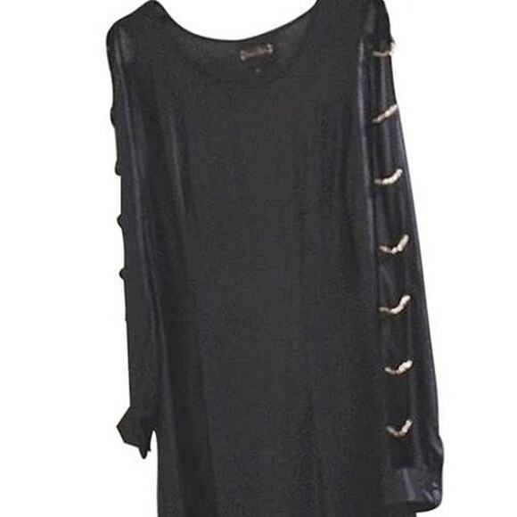 Sarah Boo Mini Dress Sz S Black Tunic Modern Cut Out Chains Glam Punk Goth City - Picture 9 of 15
